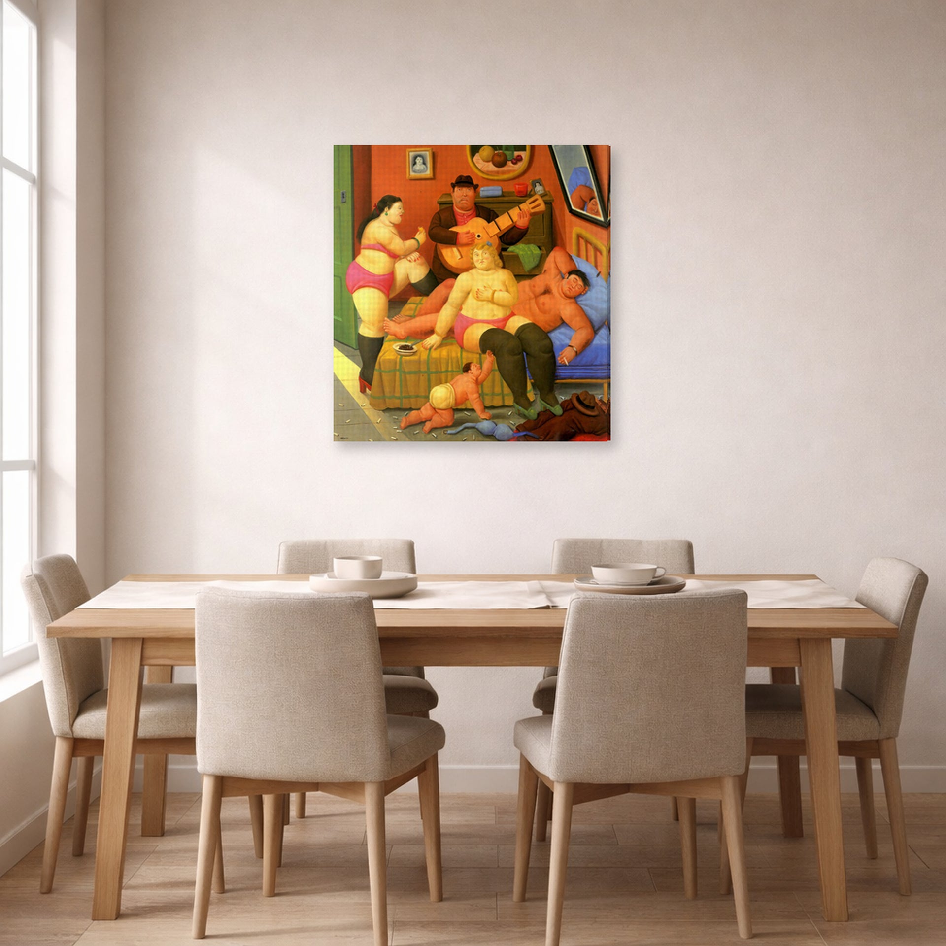 Gallery-wrapped canvas print of Fernando Botero's Fin De La Fiesta displayed on a wall in a dining room