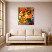 Gallery-wrapped canvas print of Fernando Botero's Fin De La Fiesta displayed on a wall in a living room