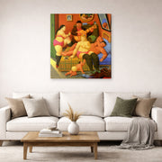 Gallery-wrapped canvas print of Fernando Botero's Fin De La Fiesta displayed on a wall in a living room