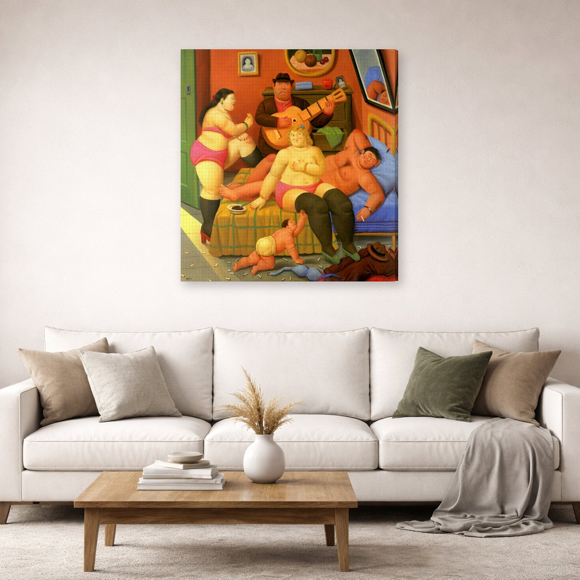 Gallery-wrapped canvas print of Fernando Botero's Fin De La Fiesta displayed on a wall in a living room