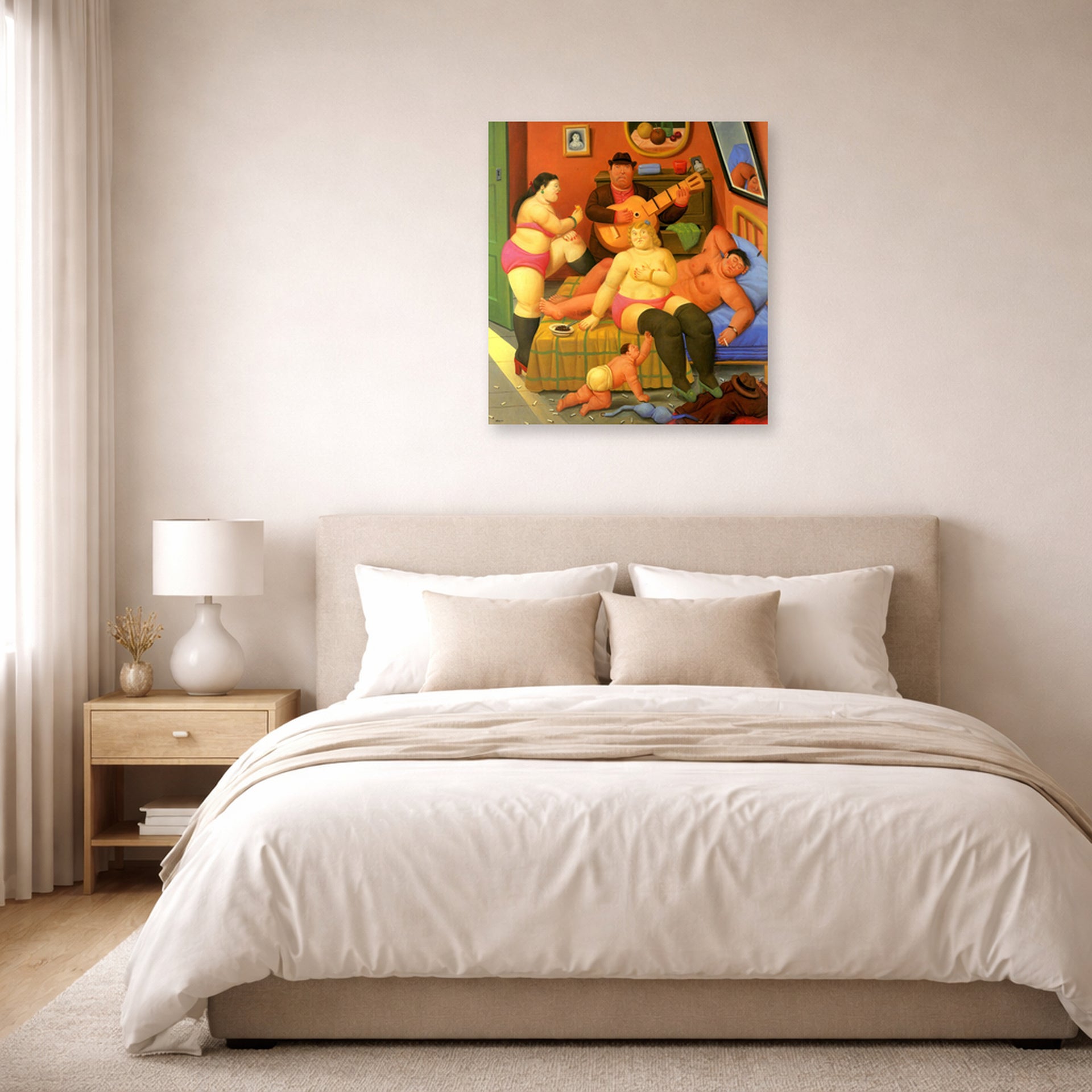 Unframed poster print of Fernando Botero's Fin De La Fiesta displayed on a wall in a bedroom