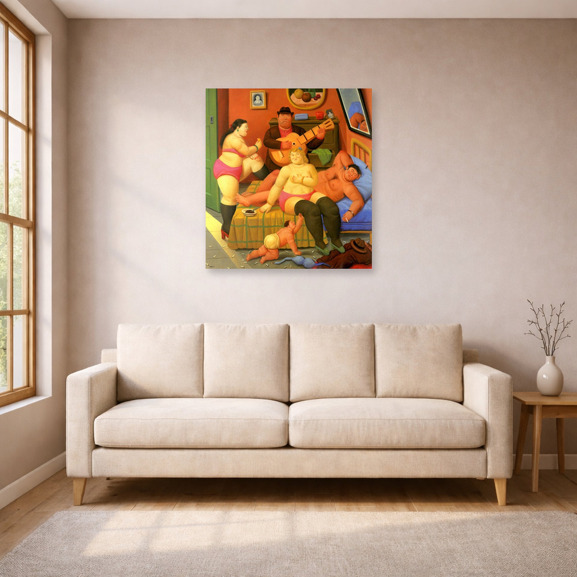 Unframed poster print of Fernando Botero's Fin De La Fiesta displayed on a wall in a living room
