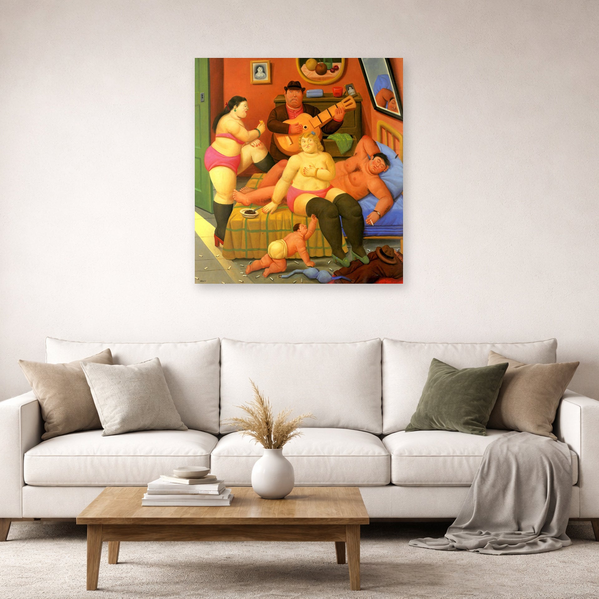 Unframed poster print of Fernando Botero's Fin De La Fiesta displayed on a wall in a living room