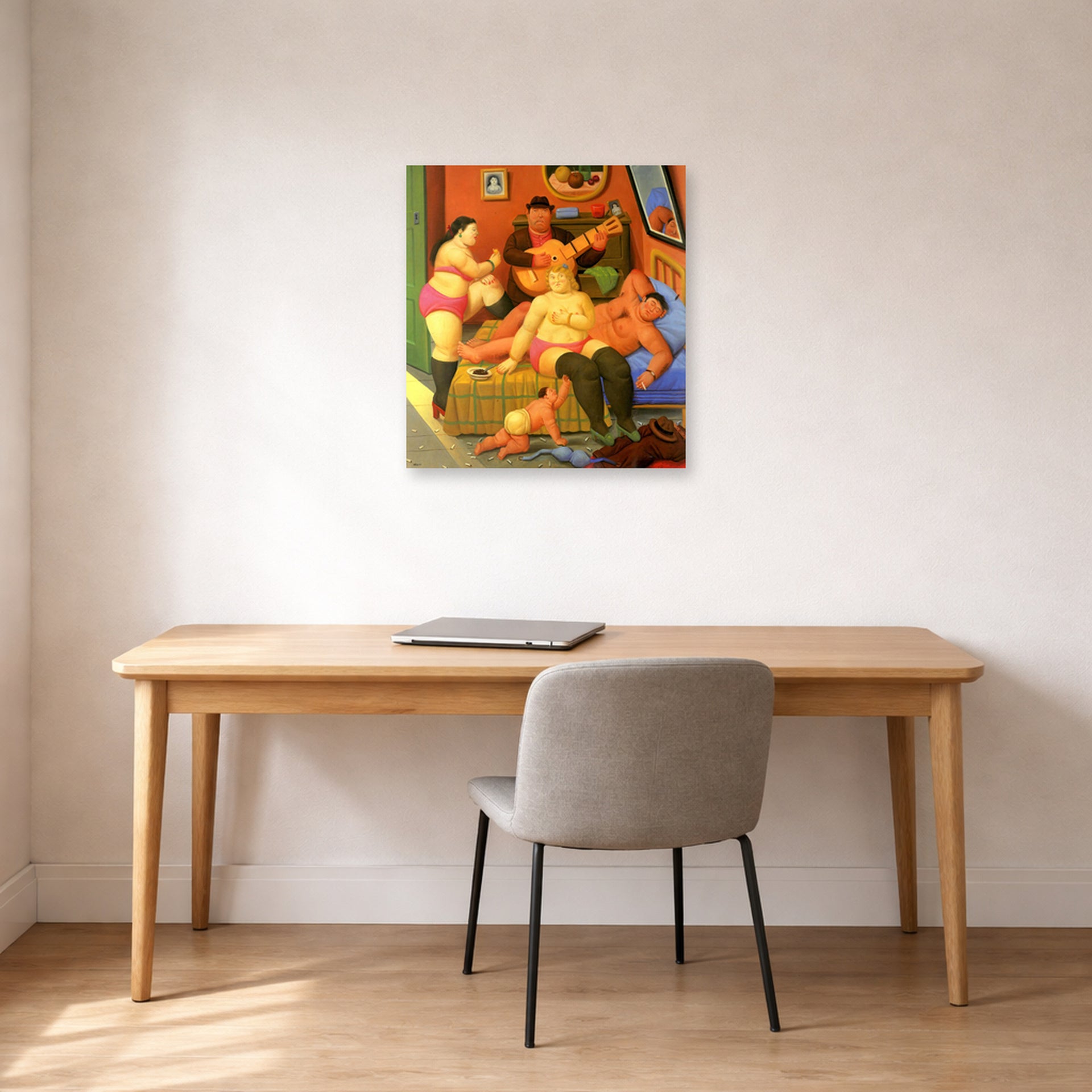 Unframed poster print of Fernando Botero's Fin De La Fiesta displayed on a wall in a home office