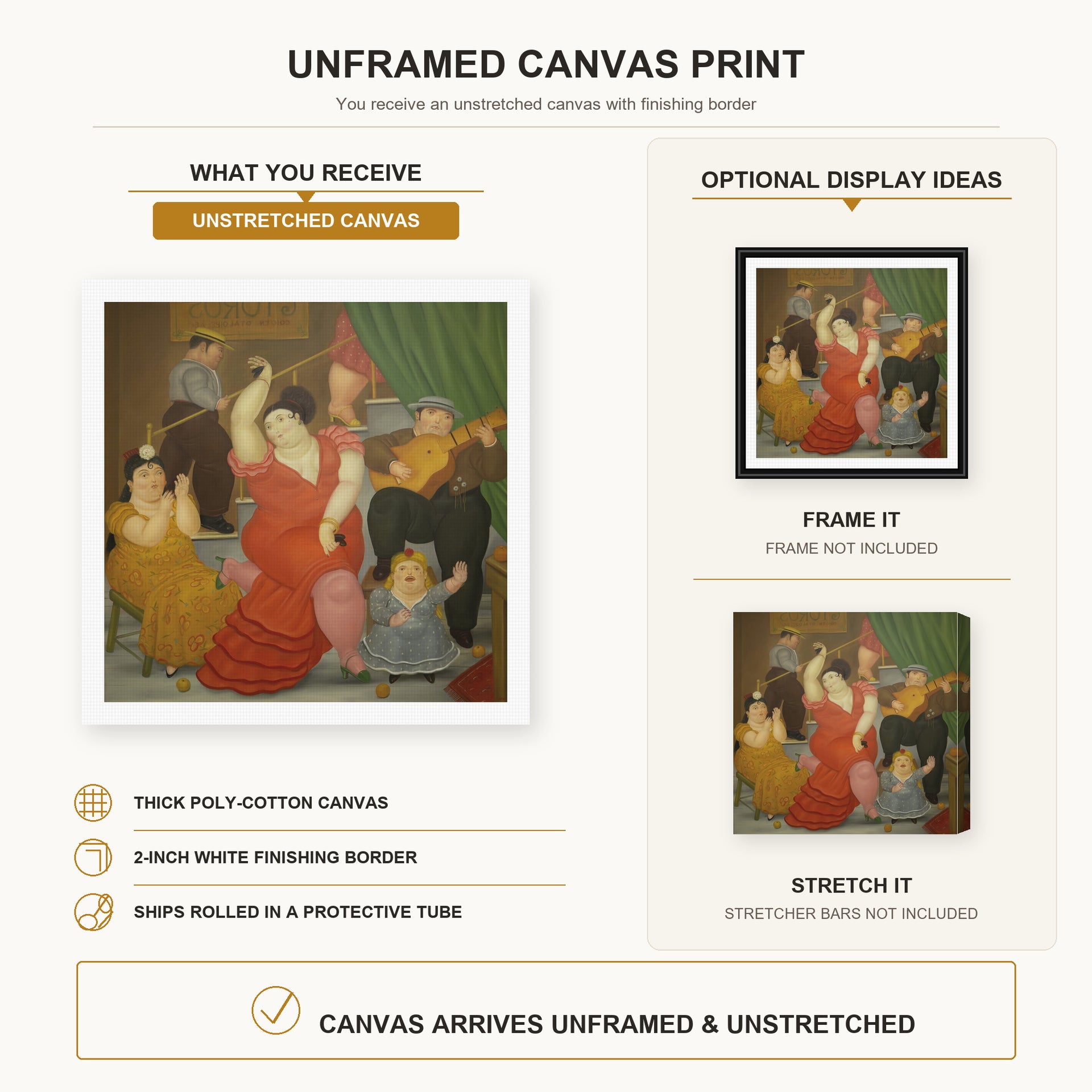 Fernando Botero - Flamenco canvas print size comparison and framing display infographic