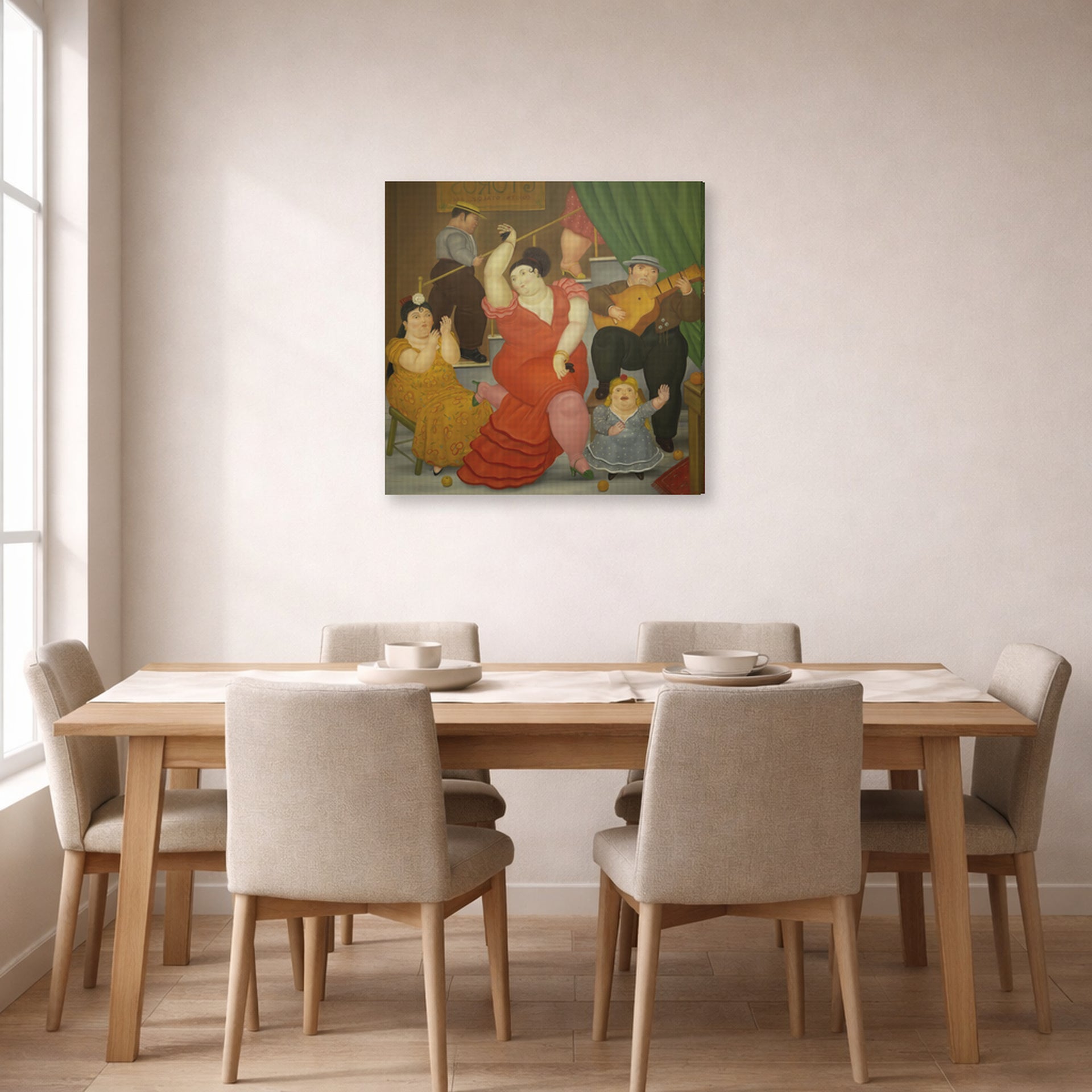 Gallery-wrapped canvas print of Fernando Botero's Flamenco displayed on a wall in a dining room