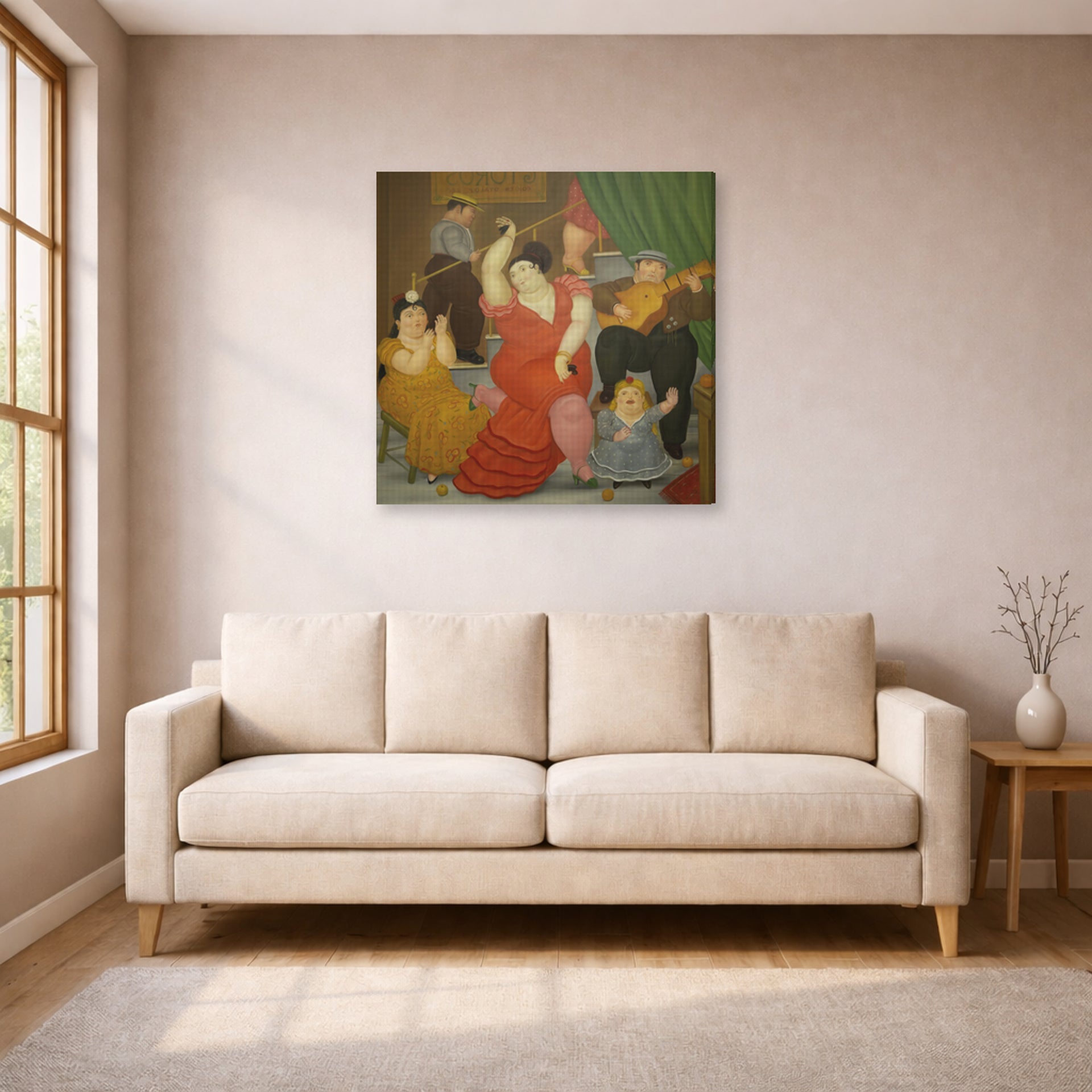 Gallery-wrapped canvas print of Fernando Botero's Flamenco displayed on a wall in a living room