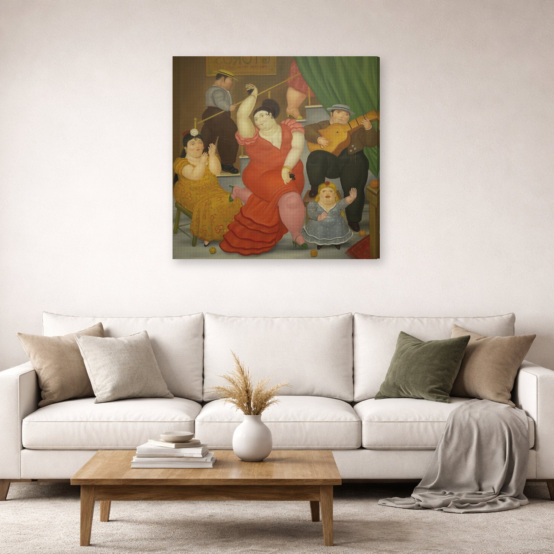 Gallery-wrapped canvas print of Fernando Botero's Flamenco displayed on a wall in a living room