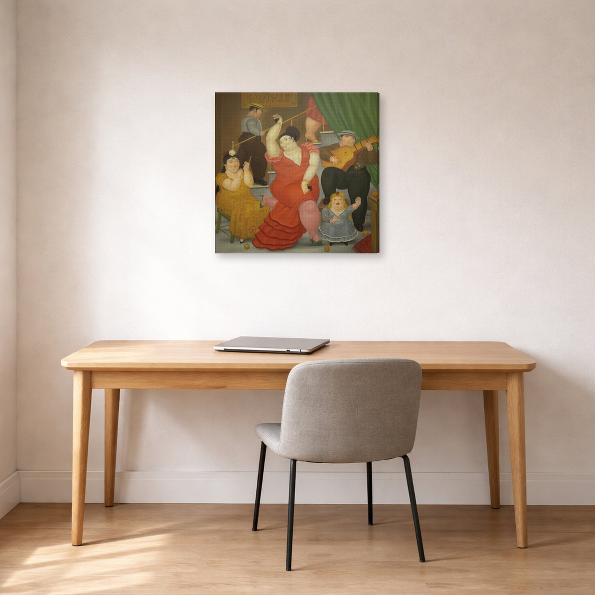 Gallery-wrapped canvas print of Fernando Botero's Flamenco displayed on a wall in a home office