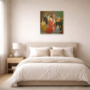 Unframed poster print of Fernando Botero's Flamenco displayed on a wall in a bedroom