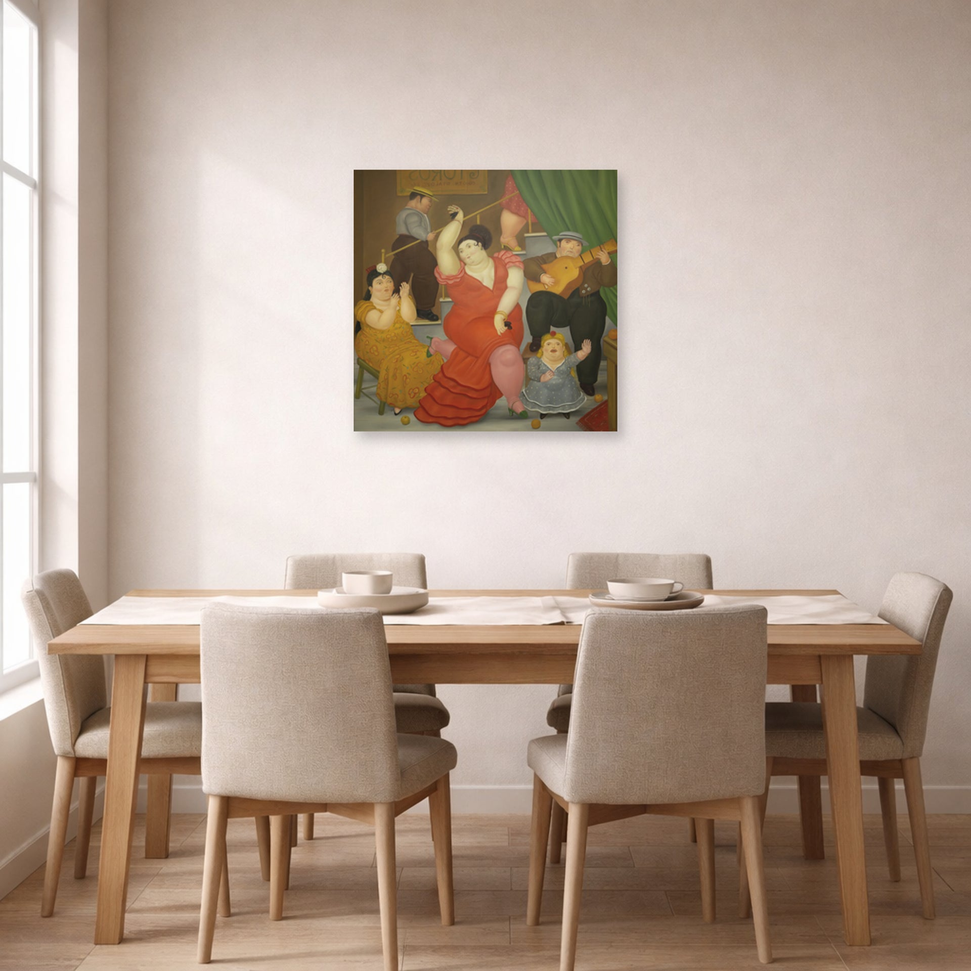 Unframed poster print of Fernando Botero's Flamenco displayed on a wall in a dining room