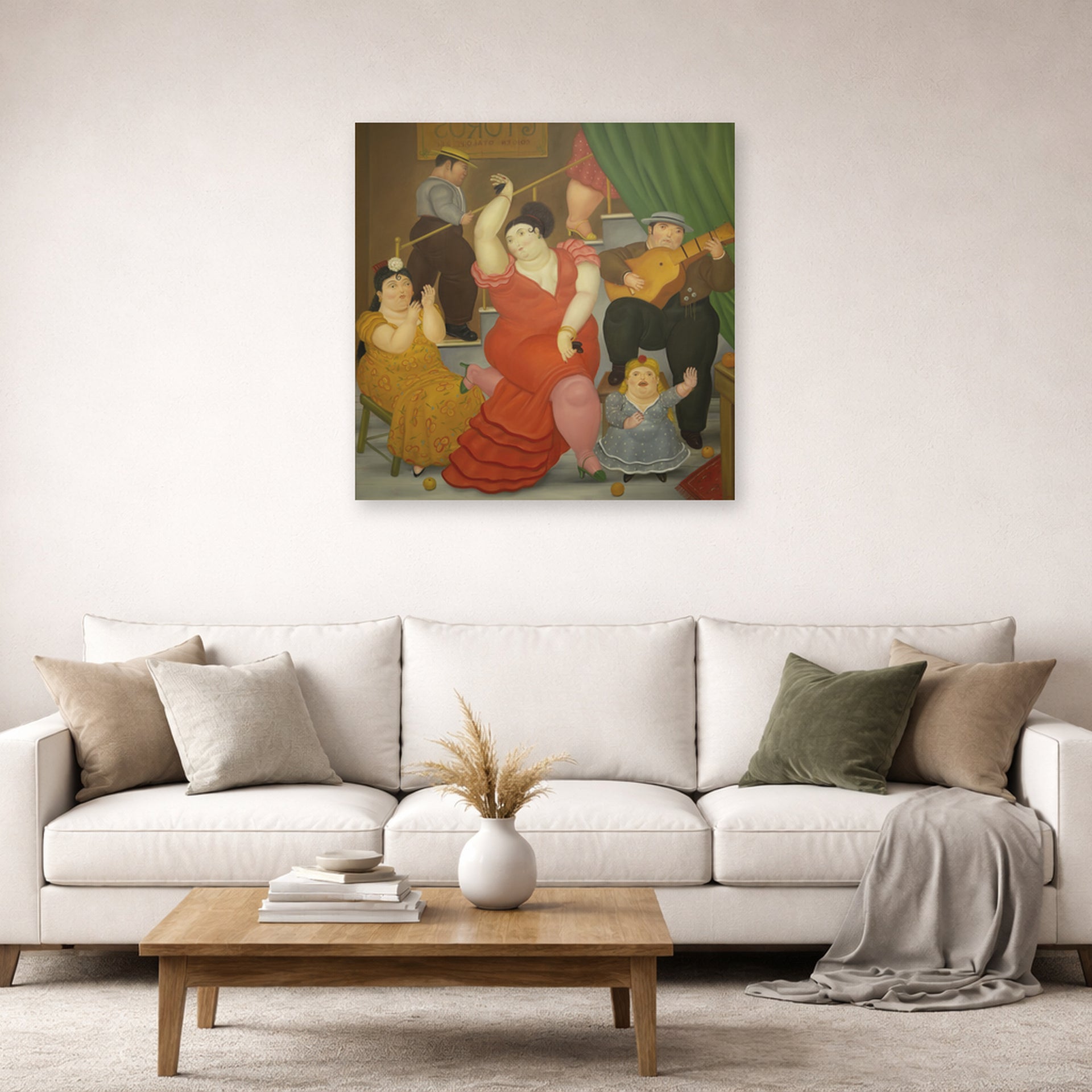 Unframed poster print of Fernando Botero's Flamenco displayed on a wall in a living room