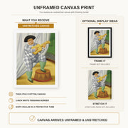 Fernando Botero - Harlequin with Guitar canvas print size comparison and framing display infographic