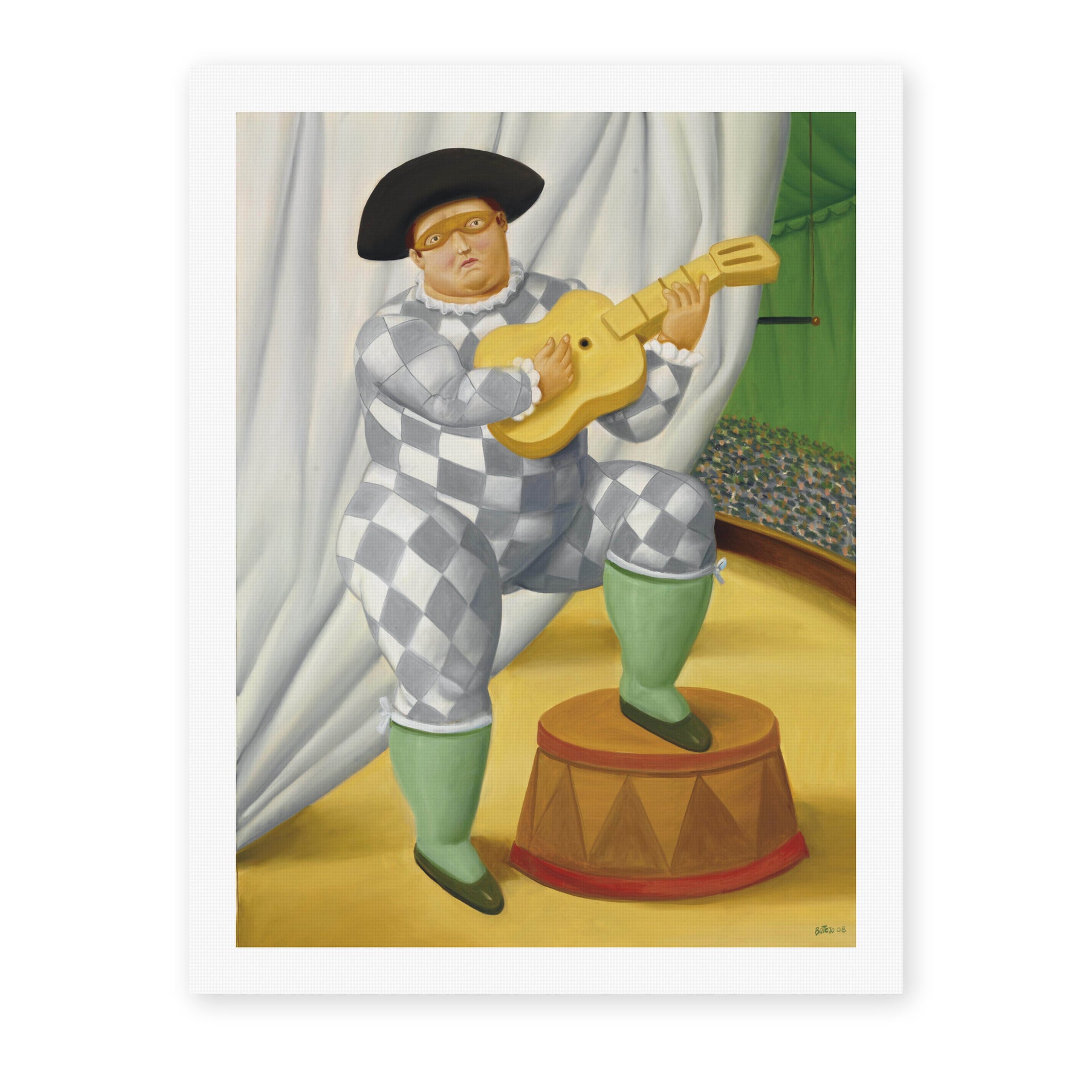 Fernando Botero's 'Harlequin with Guitar' painting reproduced as a rolled canvas print