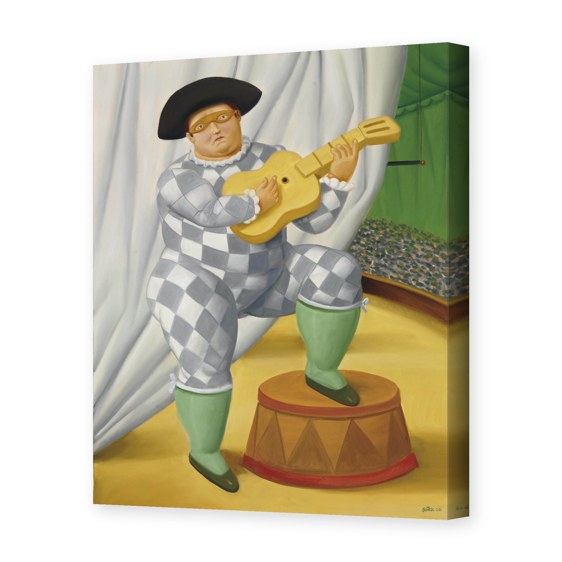 Fernando Botero's 'Harlequin with Guitar' painting reproduced as a gallery-wrapped canvas print