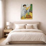 Gallery-wrapped canvas print of Fernando Botero's Harlequin with Guitar displayed on a wall in a bedroom