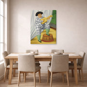 Gallery-wrapped canvas print of Fernando Botero's Harlequin with Guitar displayed on a wall in a dining room