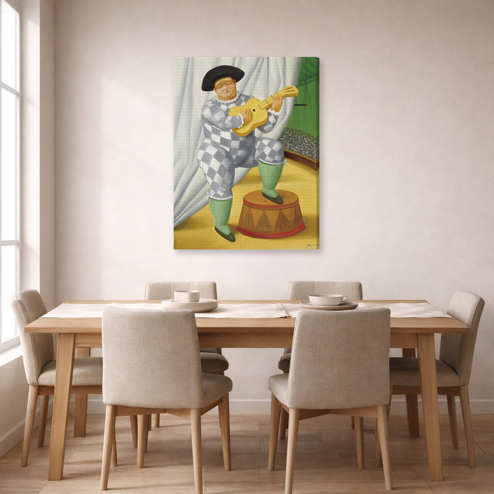 Gallery-wrapped canvas print of Fernando Botero's Harlequin with Guitar displayed on a wall in a dining room
