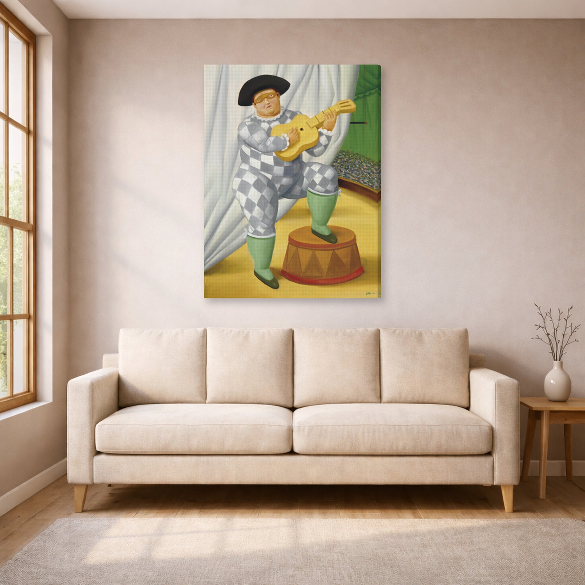 Gallery-wrapped canvas print of Fernando Botero's Harlequin with Guitar displayed on a wall in a living room