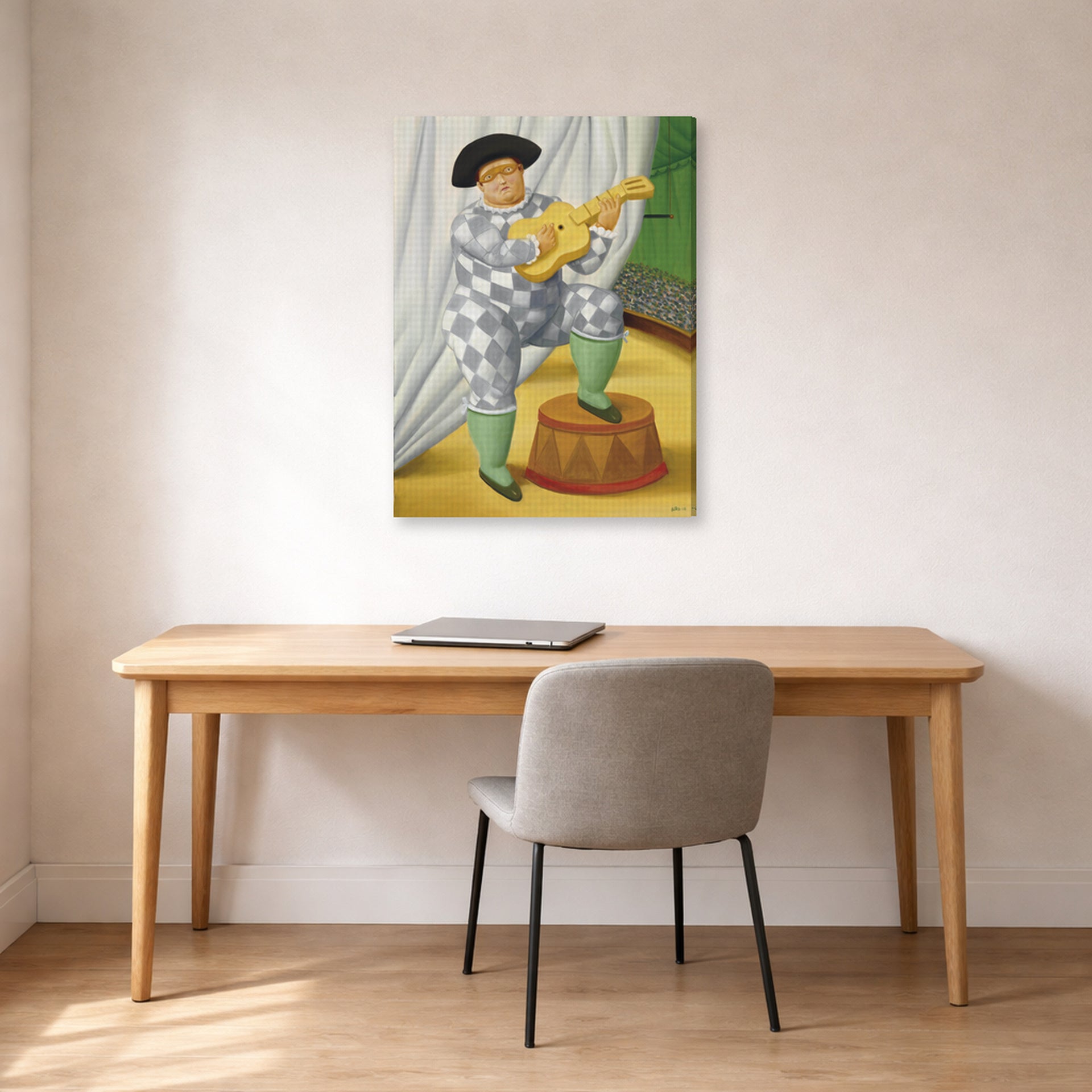 Gallery-wrapped canvas print of Fernando Botero's Harlequin with Guitar displayed on a wall in a home office