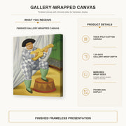 Fernando Botero - Harlequin with Guitar gallery wrap canvas construction and hanging details infographic