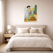 Unframed poster print of Fernando Botero's Harlequin with Guitar displayed on a wall in a bedroom