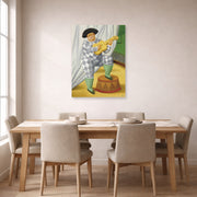 Unframed poster print of Fernando Botero's Harlequin with Guitar displayed on a wall in a dining room