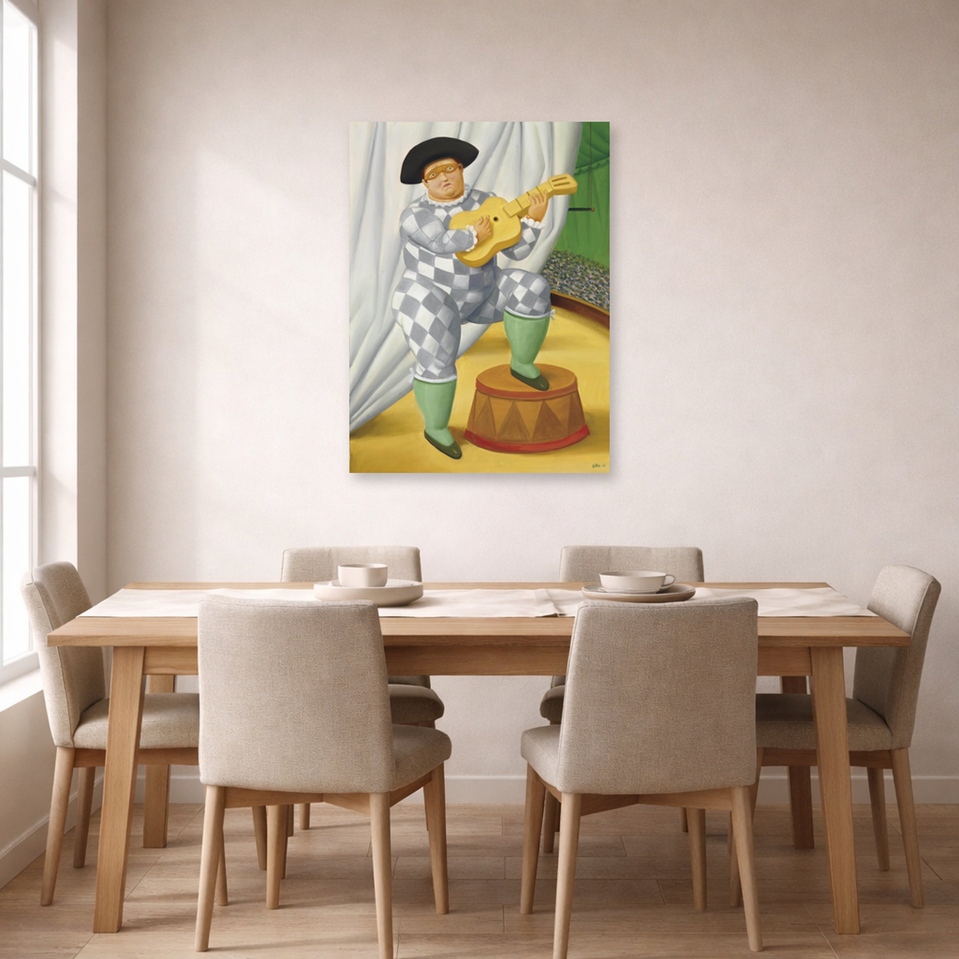 Unframed poster print of Fernando Botero's Harlequin with Guitar displayed on a wall in a dining room