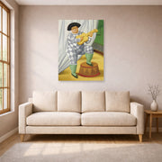 Unframed poster print of Fernando Botero's Harlequin with Guitar displayed on a wall in a living room