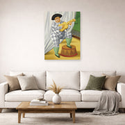 Unframed poster print of Fernando Botero's Harlequin with Guitar displayed on a wall in a living room