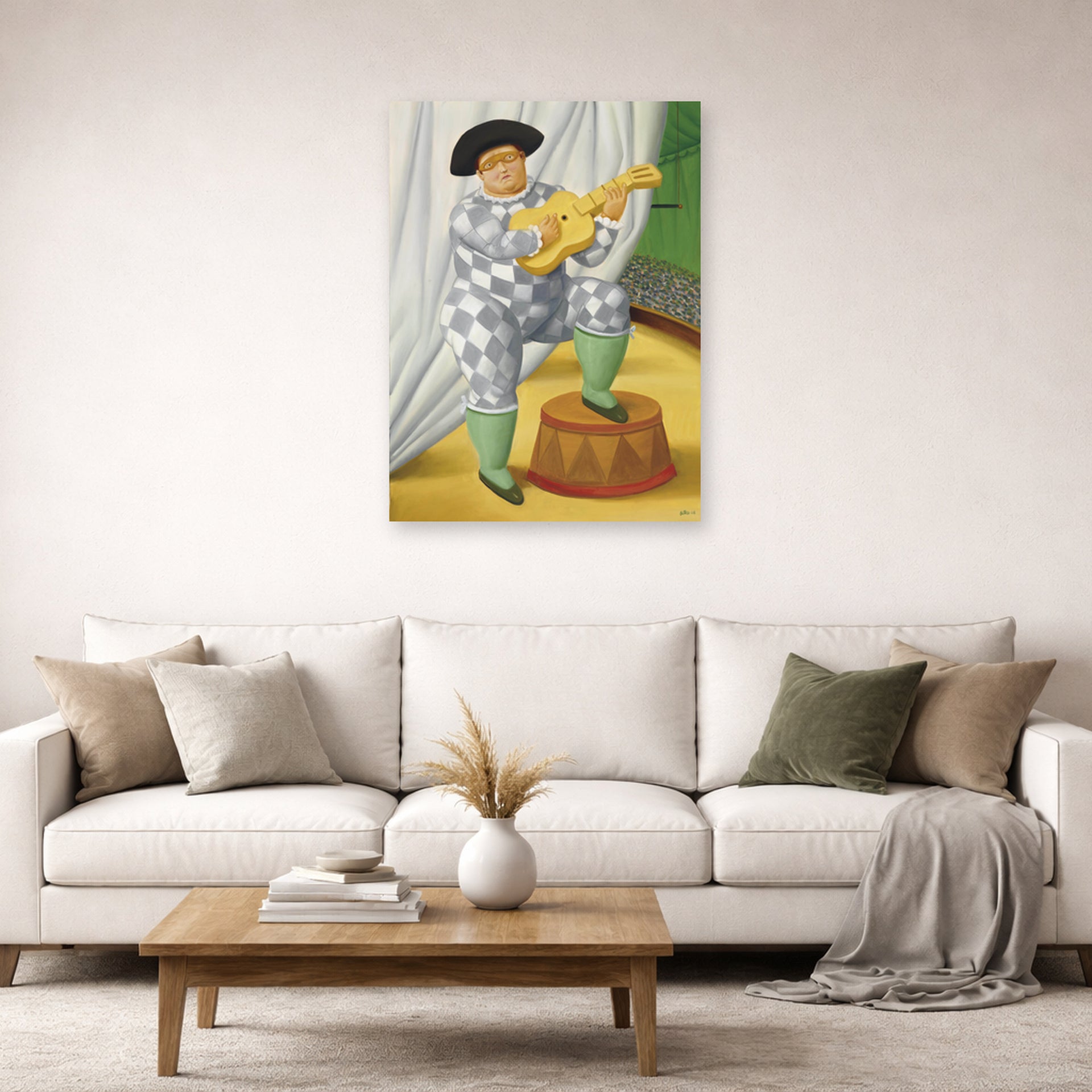 Unframed poster print of Fernando Botero's Harlequin with Guitar displayed on a wall in a living room