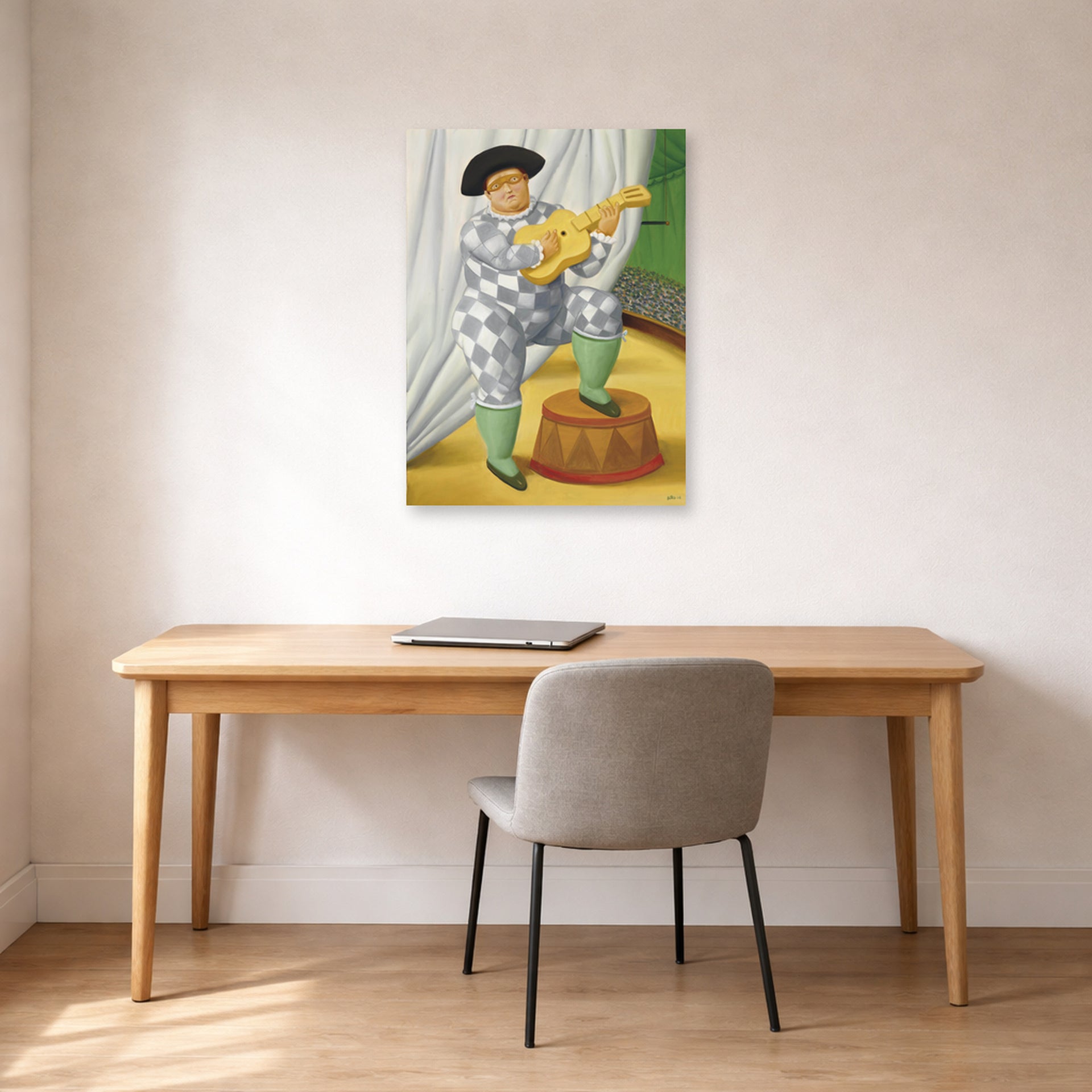 Unframed poster print of Fernando Botero's Harlequin with Guitar displayed on a wall in a home office