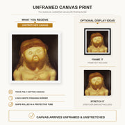 Fernando Botero - Head of Christ canvas print size comparison and framing display infographic