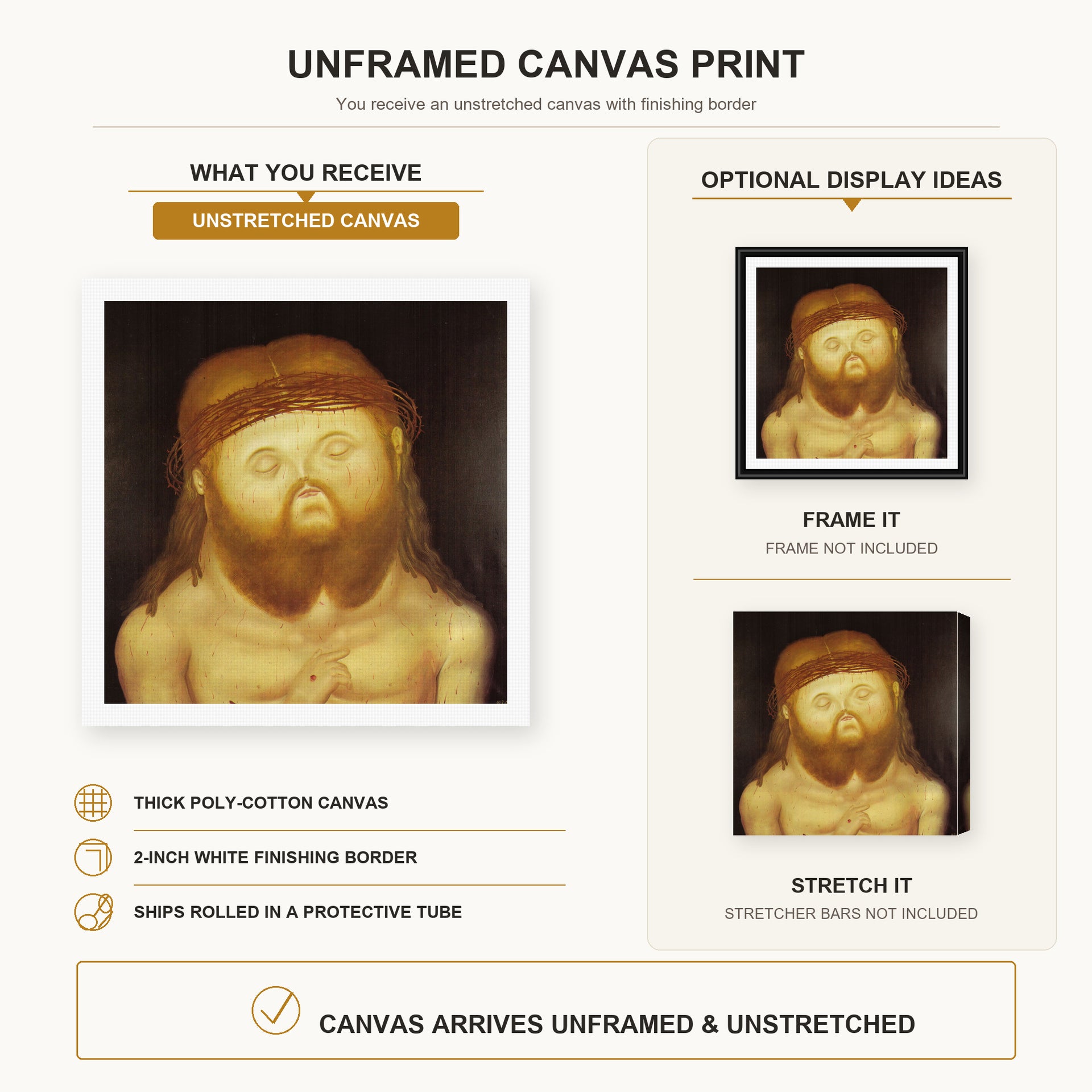 Fernando Botero - Head of Christ canvas print size comparison and framing display infographic
