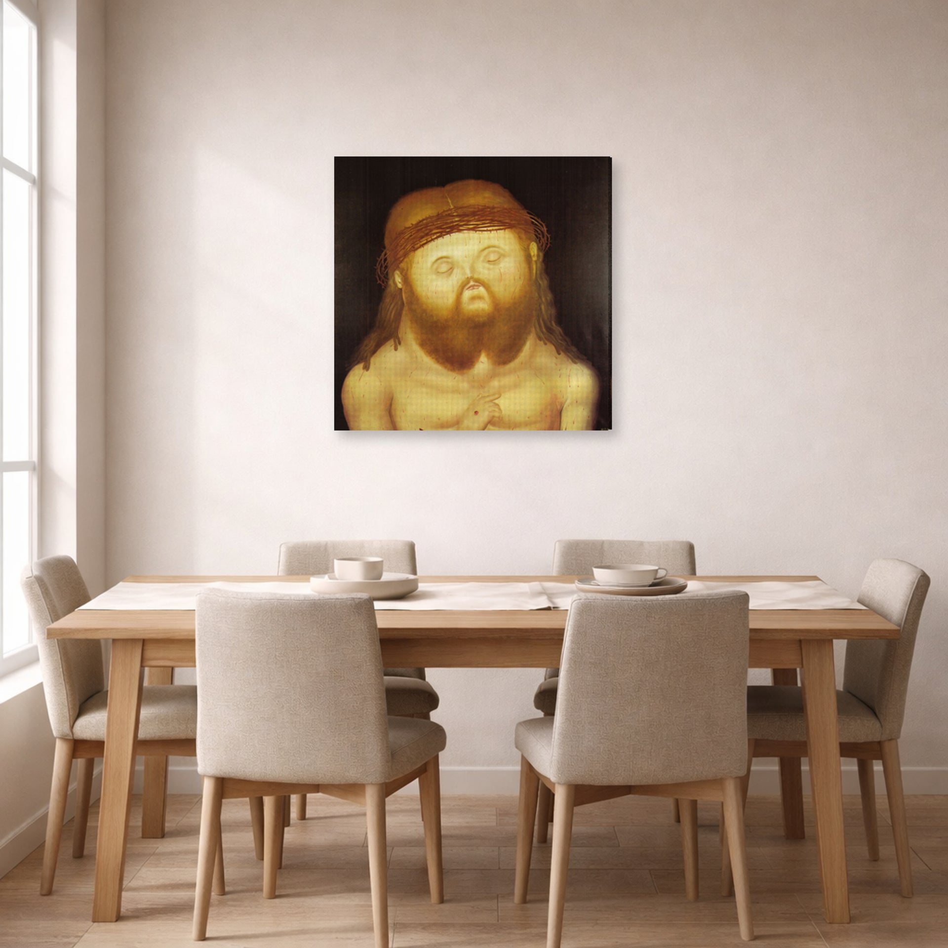Gallery-wrapped canvas print of Fernando Botero's Head of Christ displayed on a wall in a dining room
