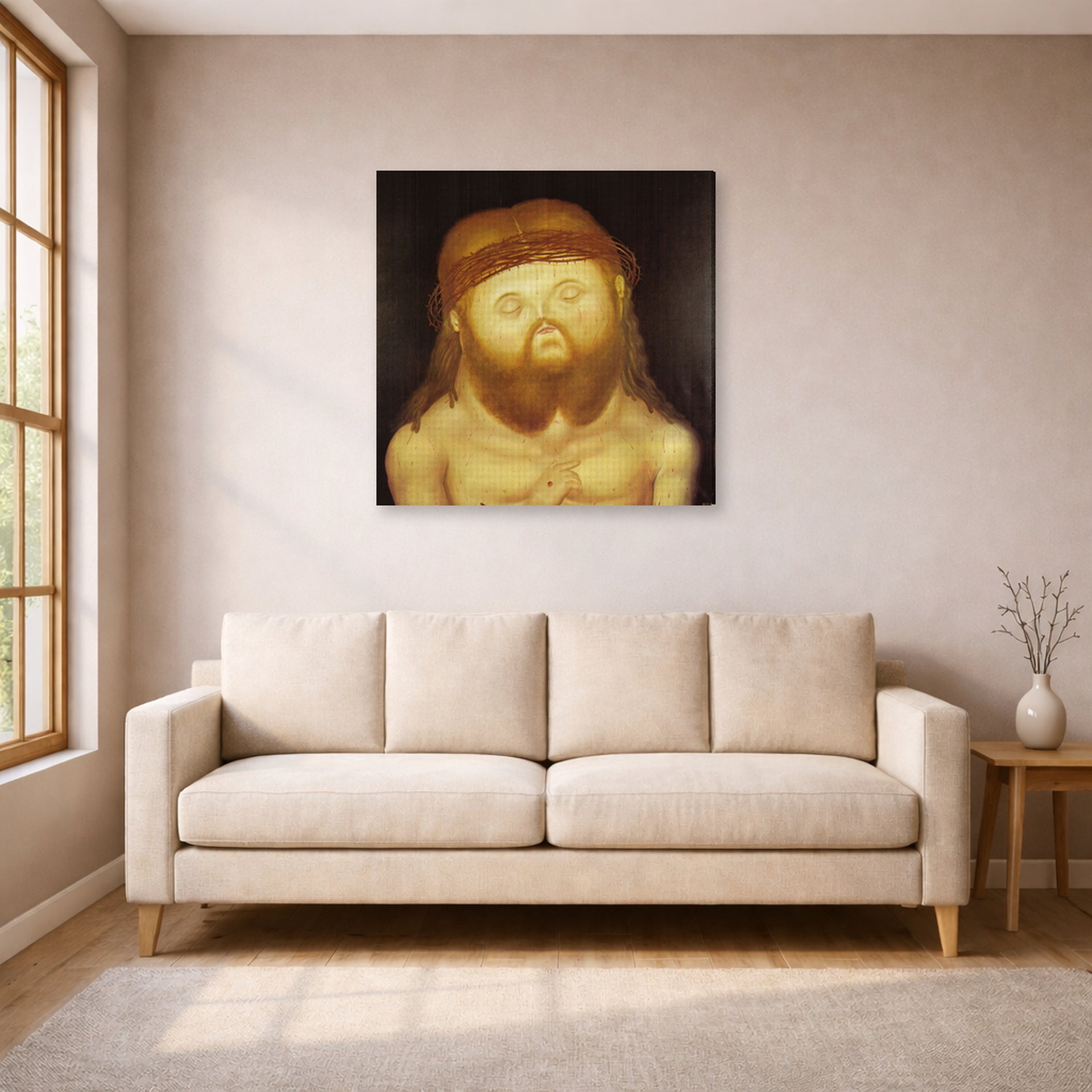 Gallery-wrapped canvas print of Fernando Botero's Head of Christ displayed on a wall in a living room