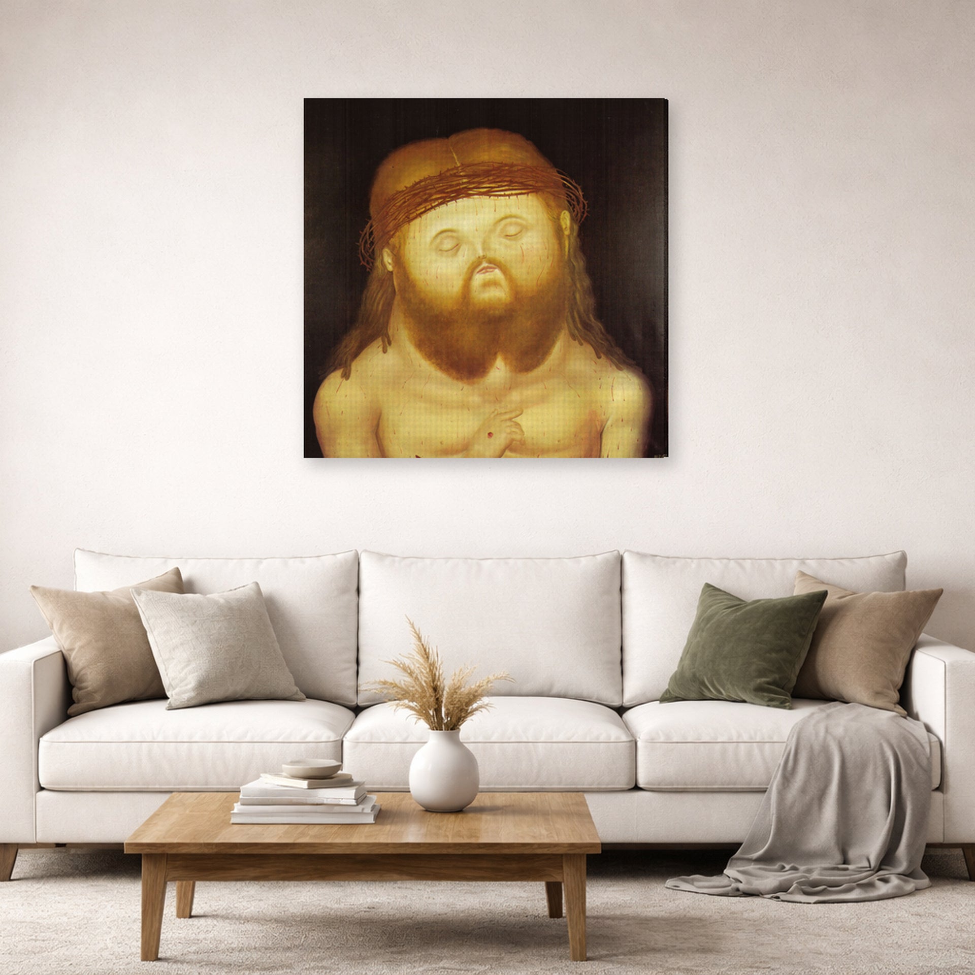 Gallery-wrapped canvas print of Fernando Botero's Head of Christ displayed on a wall in a living room