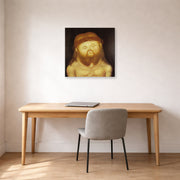Gallery-wrapped canvas print of Fernando Botero's Head of Christ displayed on a wall in a home office