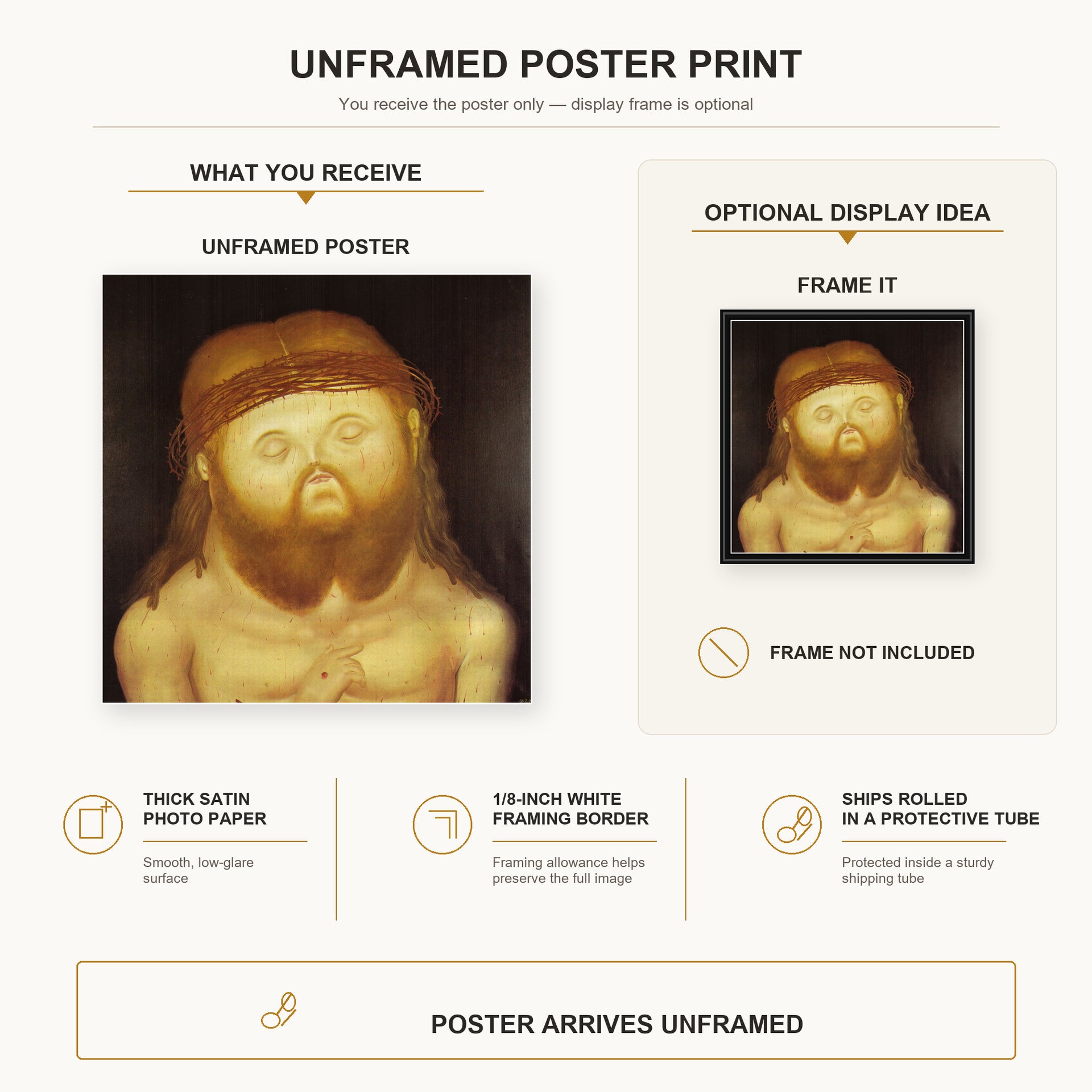 Fernando Botero - Head of Christ poster print size comparison and framing display infographic