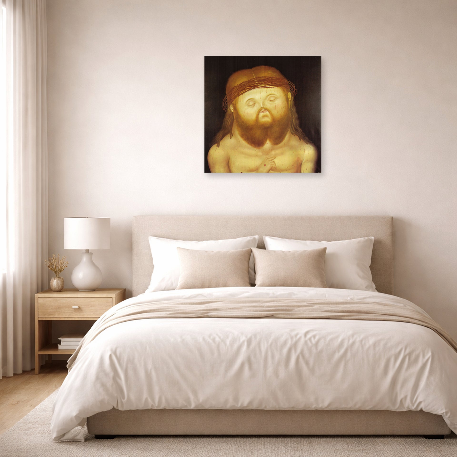 Unframed poster print of Fernando Botero's Head of Christ displayed on a wall in a bedroom