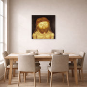 Unframed poster print of Fernando Botero's Head of Christ displayed on a wall in a dining room