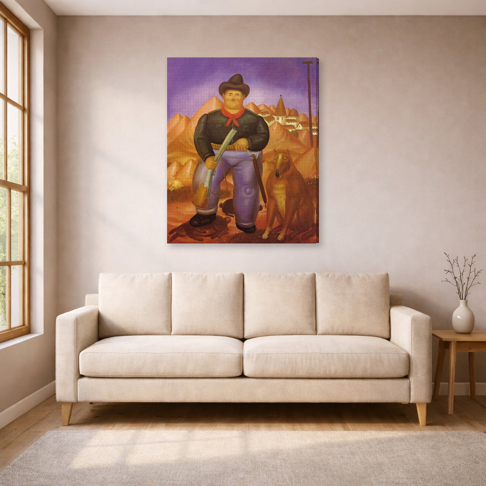 Gallery-wrapped canvas print of Fernando Botero's Hunter displayed on a wall in a living room