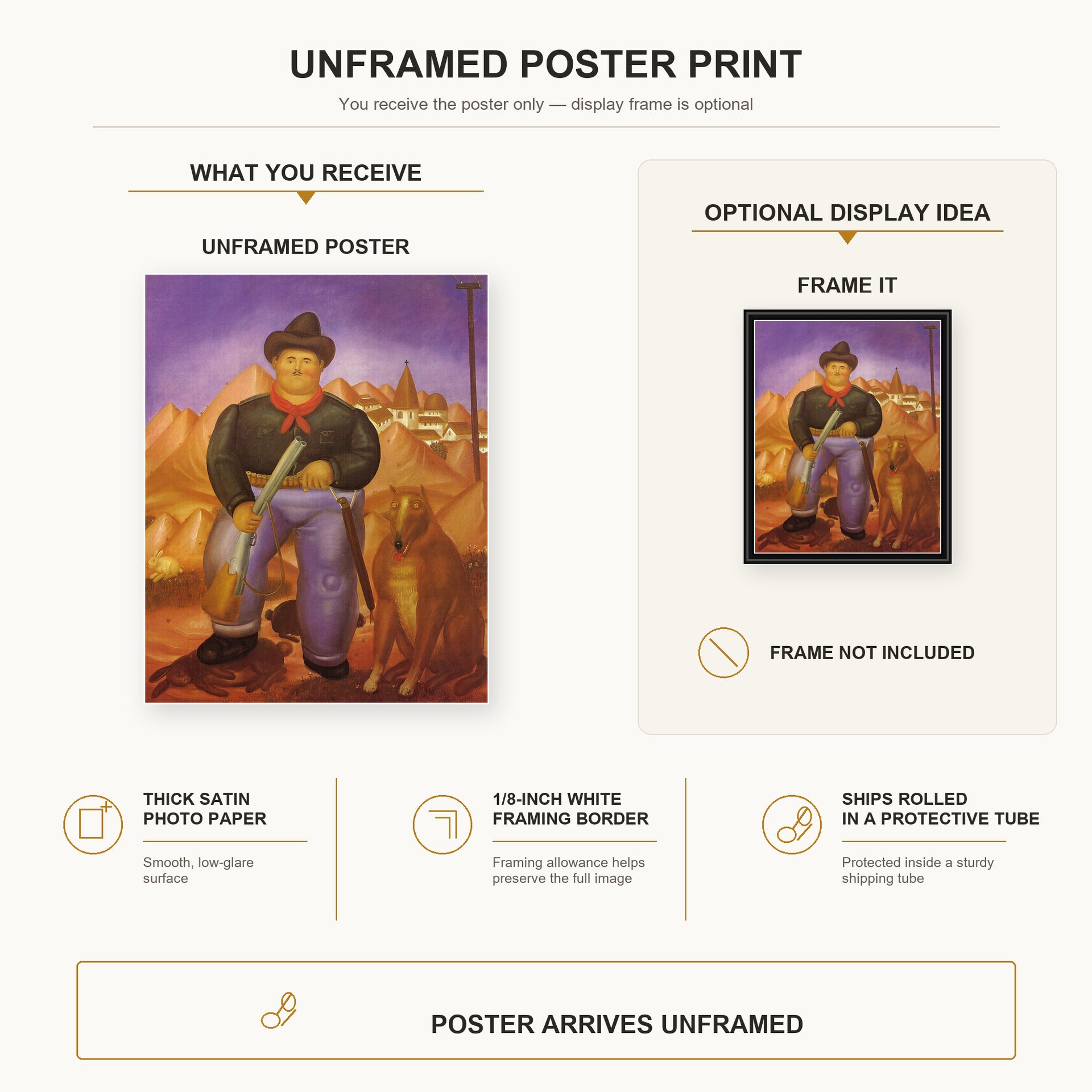 Fernando Botero - Hunter poster print size comparison and framing display infographic