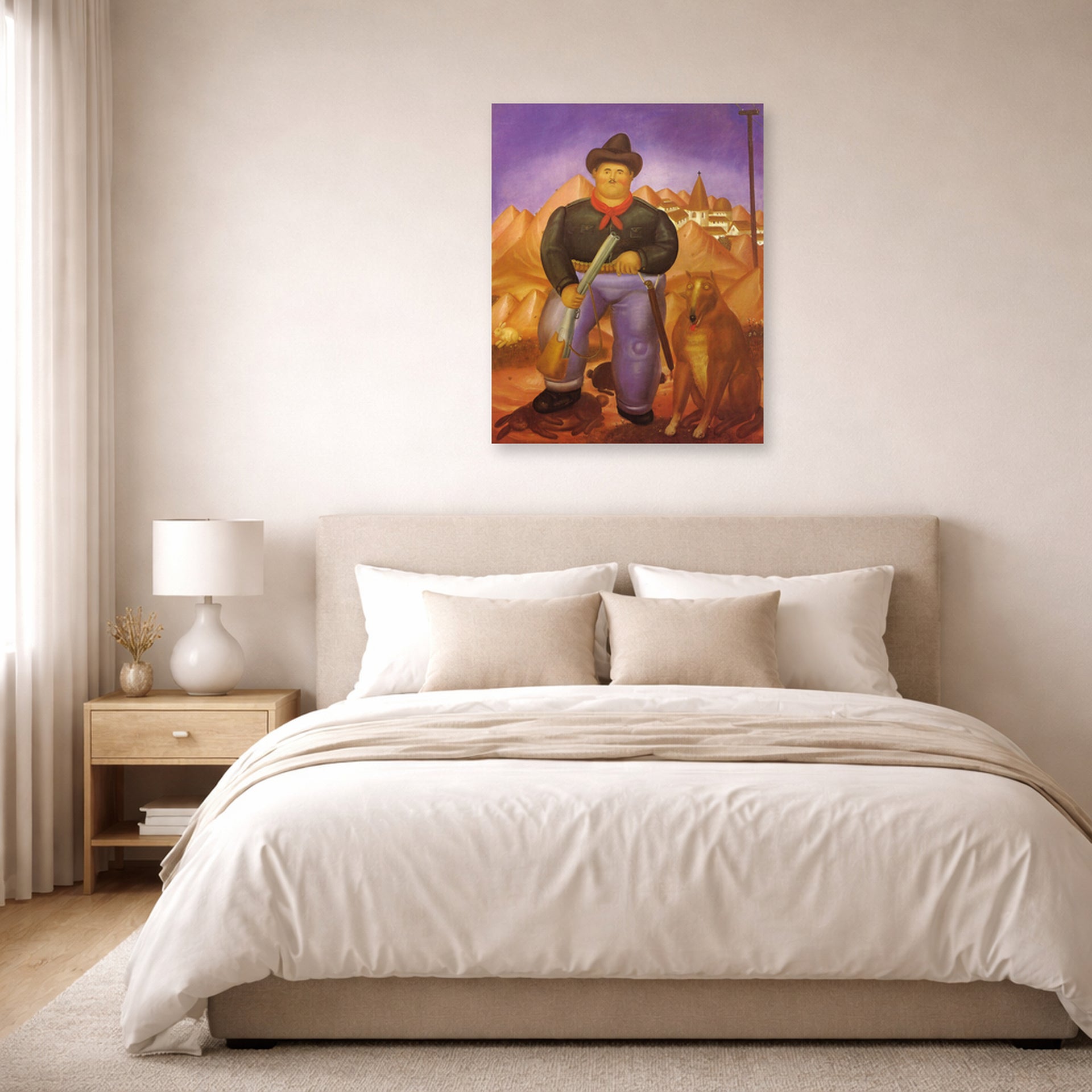Unframed poster print of Fernando Botero's Hunter displayed on a wall in a bedroom