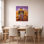Unframed poster print of Fernando Botero's Hunter displayed on a wall in a dining room