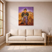 Unframed poster print of Fernando Botero's Hunter displayed on a wall in a living room