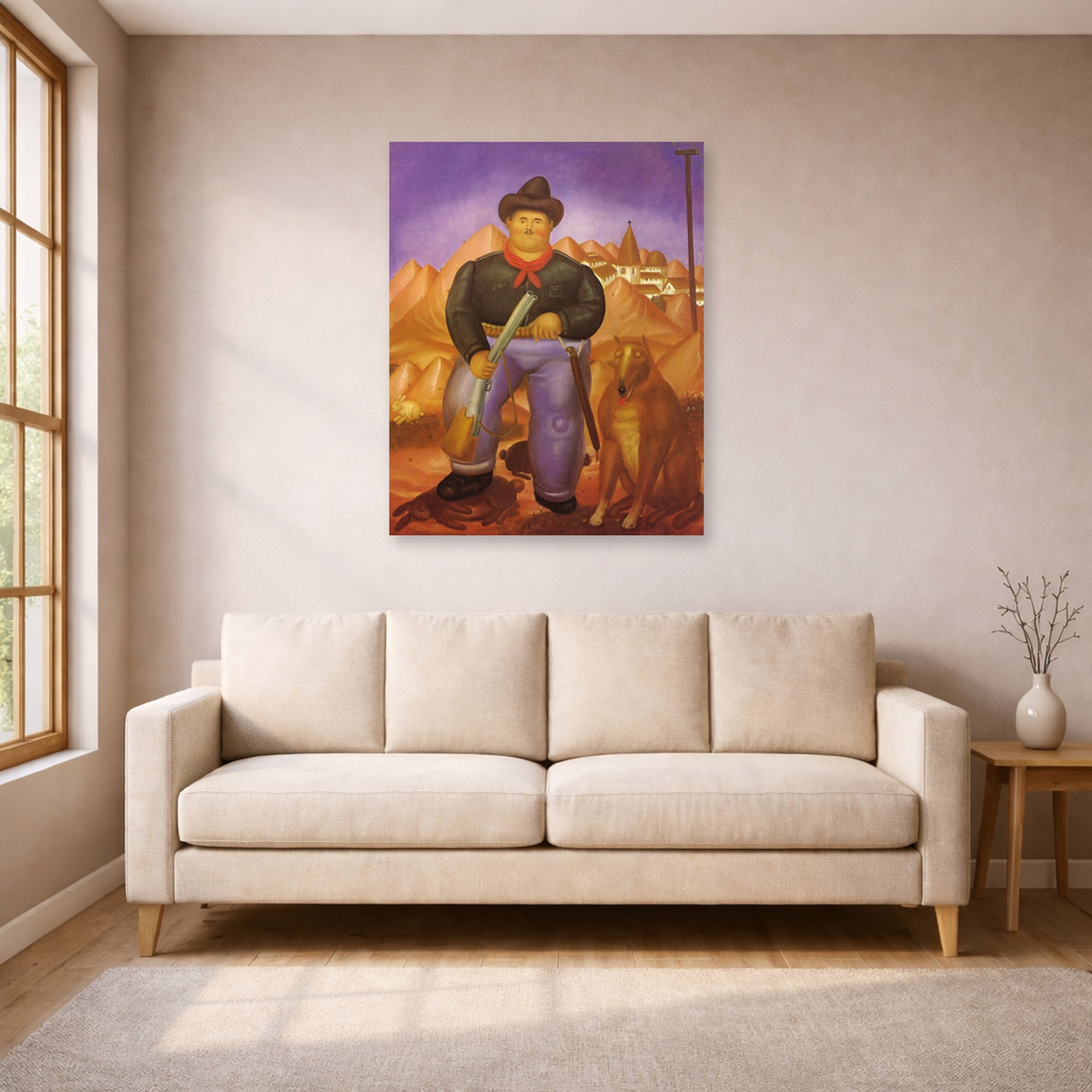 Unframed poster print of Fernando Botero's Hunter displayed on a wall in a living room