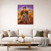 Unframed poster print of Fernando Botero's Hunter displayed on a wall in a living room