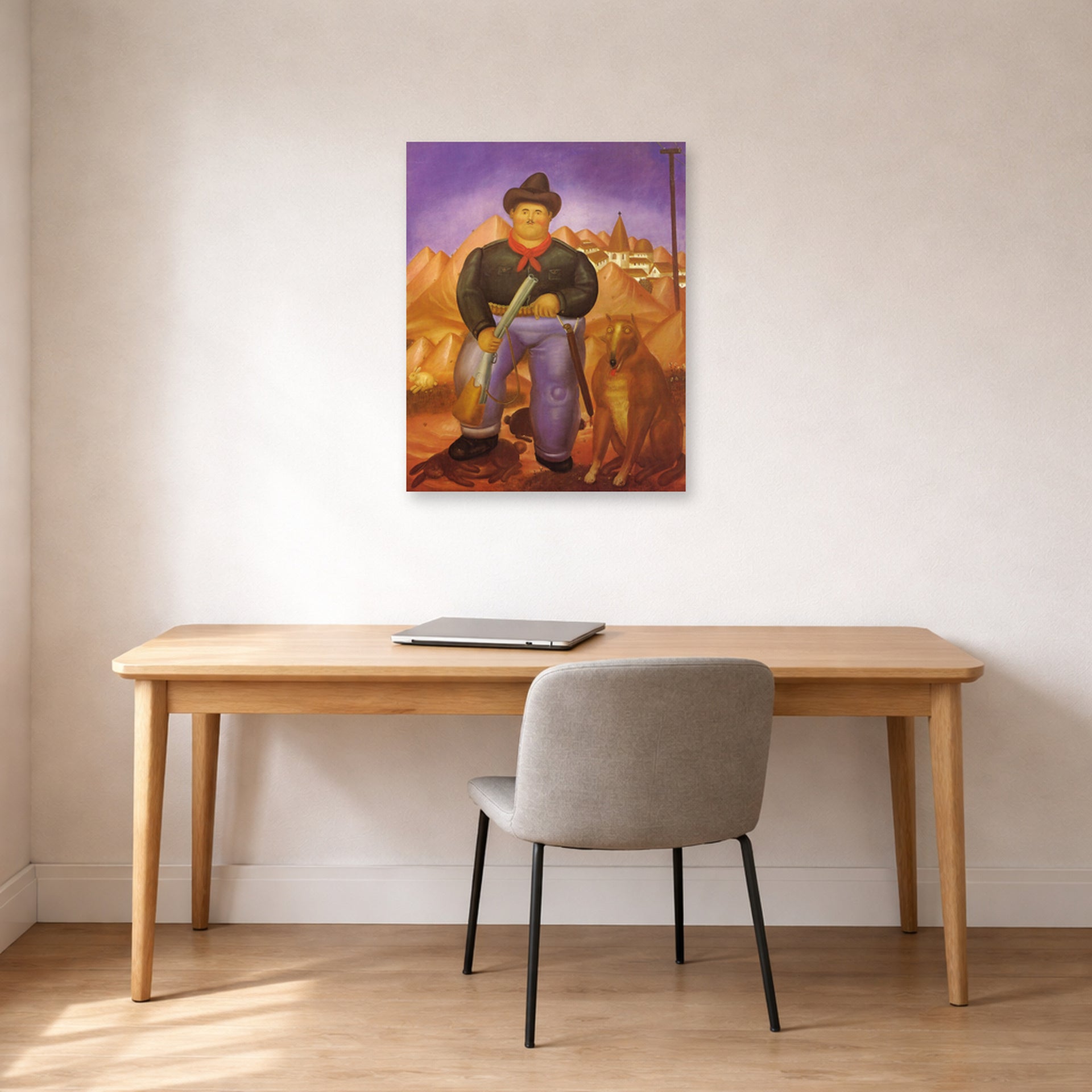 Unframed poster print of Fernando Botero's Hunter displayed on a wall in a home office
