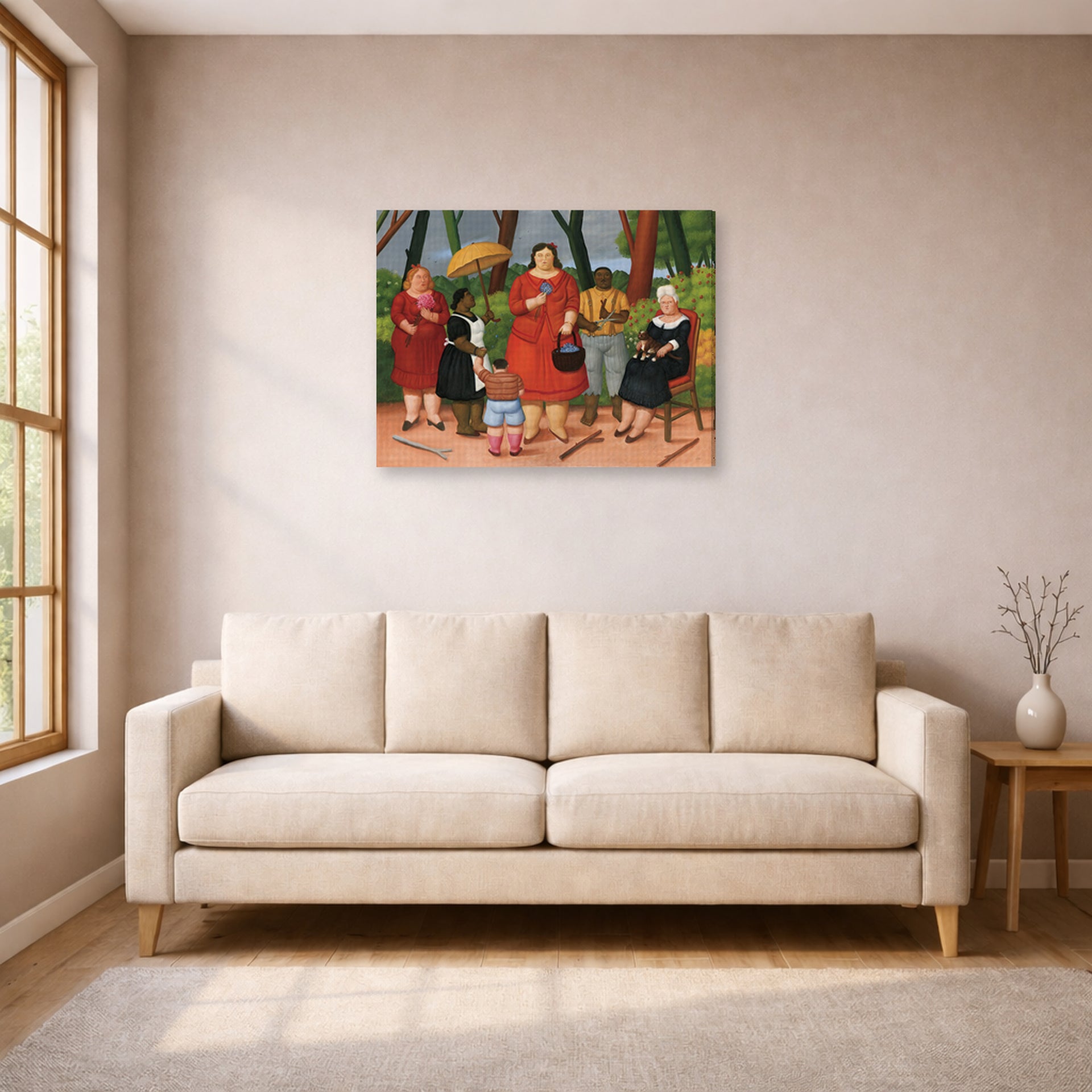Gallery-wrapped canvas print of Fernando Botero's In the Garden displayed on a wall in a living room